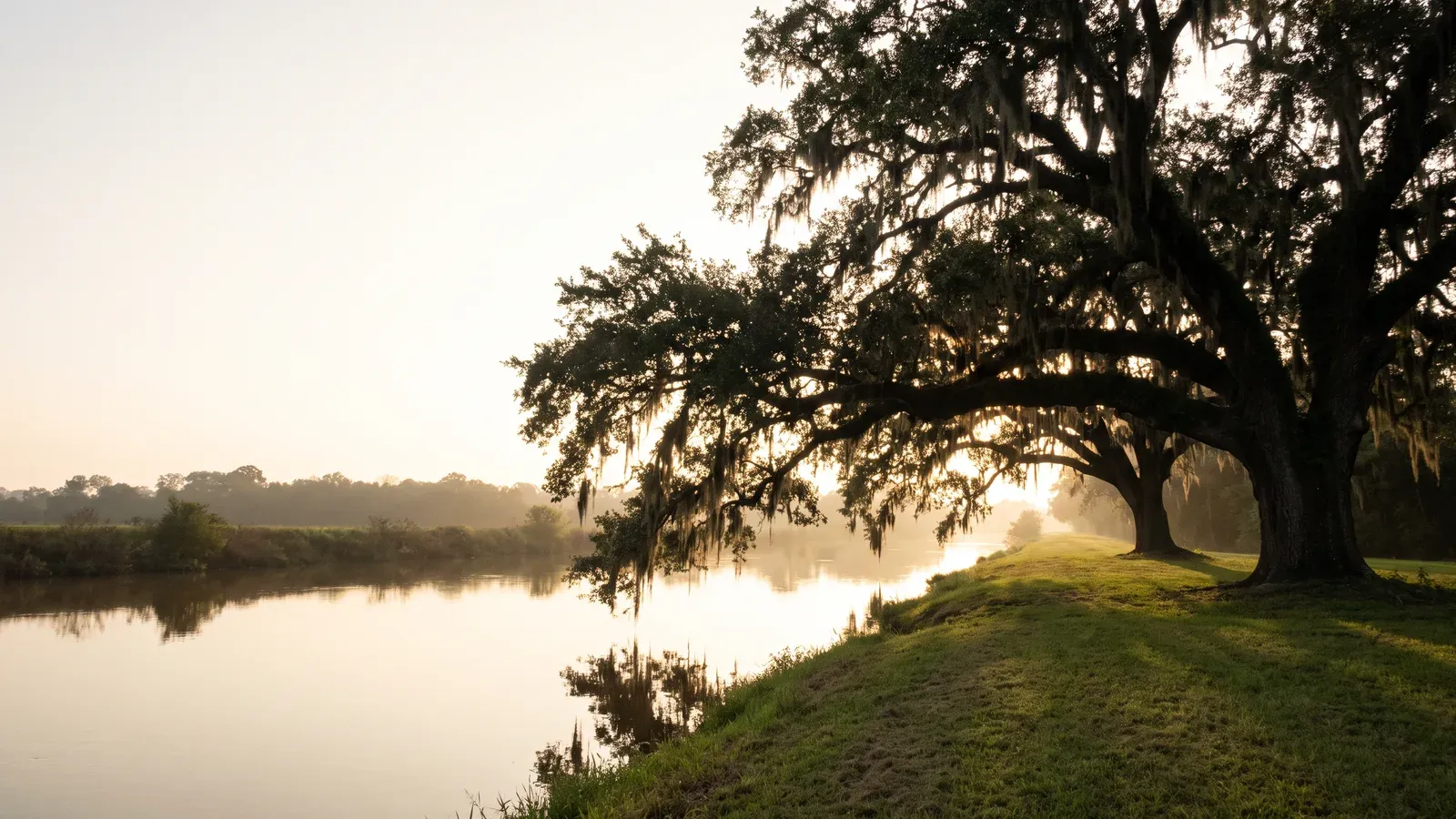 Old live oaks draped in Spanish moss on a mowed bayou bank, their long limbs reaching over still water in morning haze