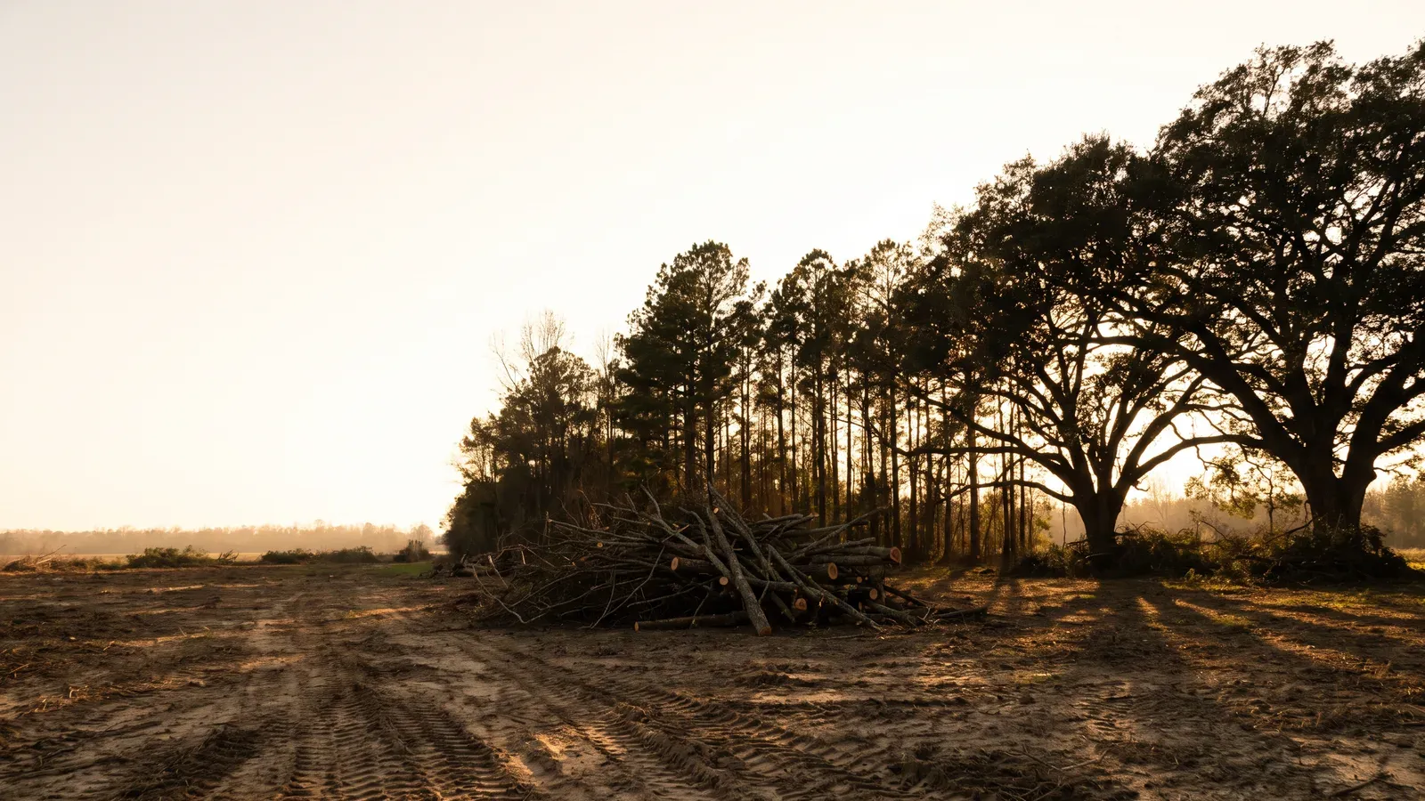 The edge of a partly cleared wooded lot, a pile of cut brush in the foreground and two broad live oaks left standing
